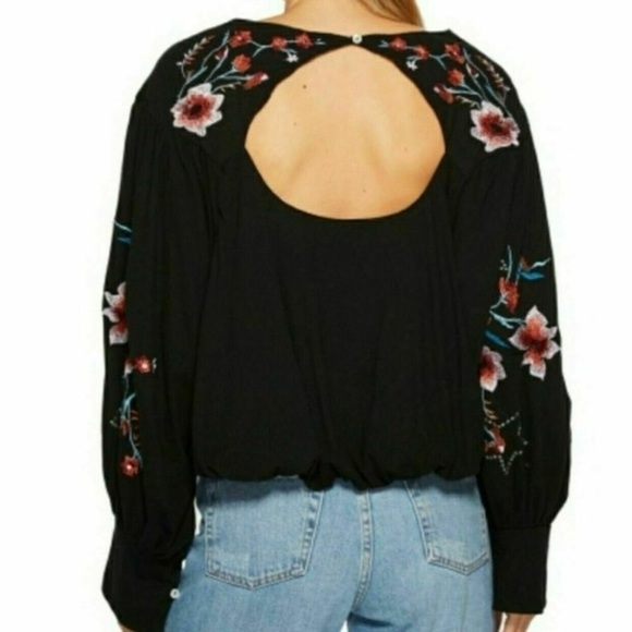 FREE PEOPLE Lita Embroidered Top Fairy Goth Cutout Balloon Sleeve Boho Black S - Picture 6 of 16